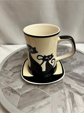 Hues N Brews Cattitude Black Cat Coffee Mug & Coaster Set New In Box